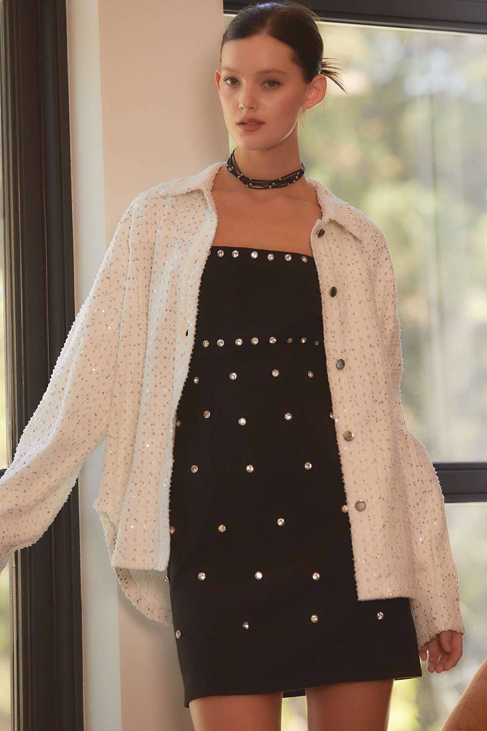 WHITE Sequin Glitter Oversize Denim Shacket for wholesale on Faire8