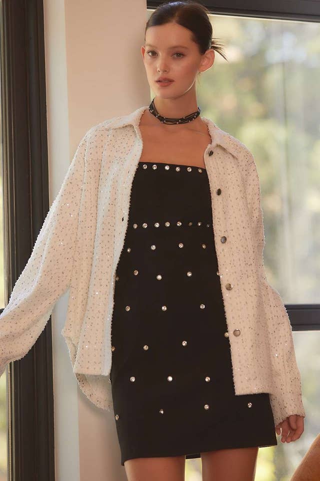 WHITE Sequin Glitter Oversize Denim Shacket for wholesale on Faire8