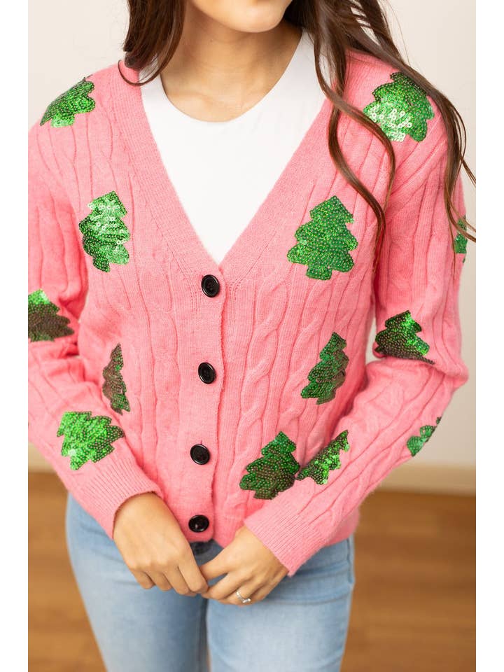 Pink Sequin Trees Cardigan for wholesale on Faire