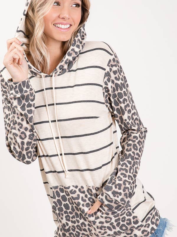 Striped Leopard Print Front Pocket Drawstring Hoodie T2525 for wholesale by 7th Ray