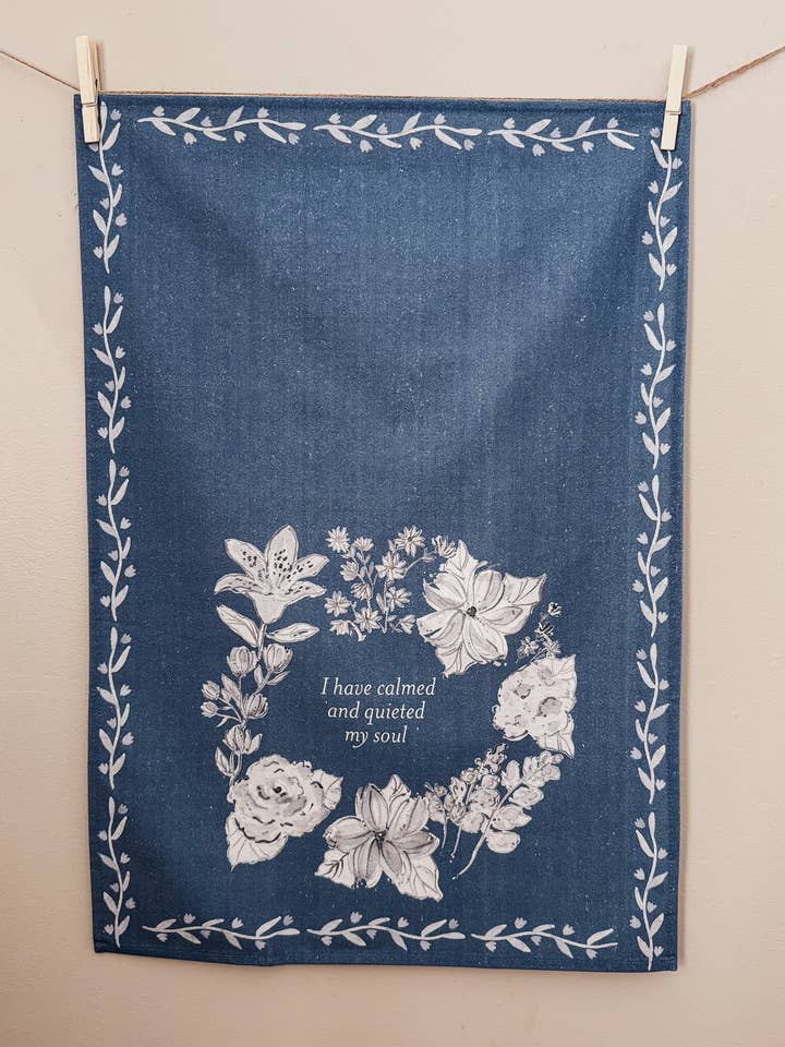 Psalm 131 Floral Kitchen Tea Towel | Blue & White for wholesale by Patsy Shaw