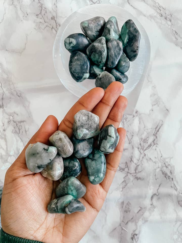 Tumbled Emerald Spiritual Stone, Ethically Sourced for wholesale by Peach and Pixie