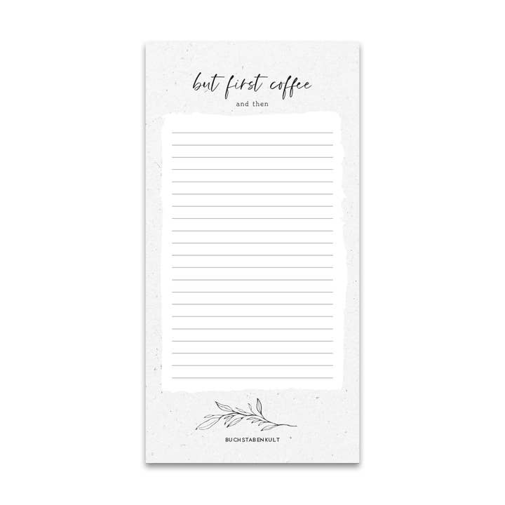 Bloc de notas A5 largo | Lista de compras But first coffee para venta al por mayor de Buchstabenkult