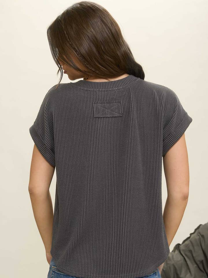 Blu Pepper - Wholesale Knit Top - Women's - RIBBED CREW NECK SHORT CUFF SLEEVE KNIT TOP