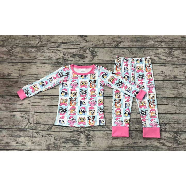 Aier Wholesale - Wholesale Sleepwear Set - Kids - Baby Girls Christmas Dogs Pink Top Pants Pajamas Clothes Sets