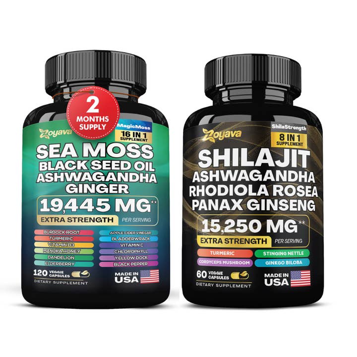 Sea Moss 16-in-1 Magic Moss Super Blend 120 Caps - 19,445MG and Shilajit Power ShilaStrength Blend 60 Caps- 15,250MGs for wholesale by Zoyava