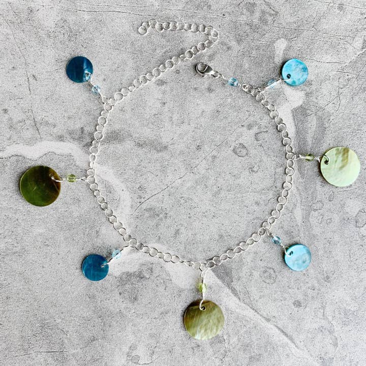 Jubilant - Teal Lime Mussel Shell Coin Anklet - Sterling for wholesale by LITVA'S Jewelry