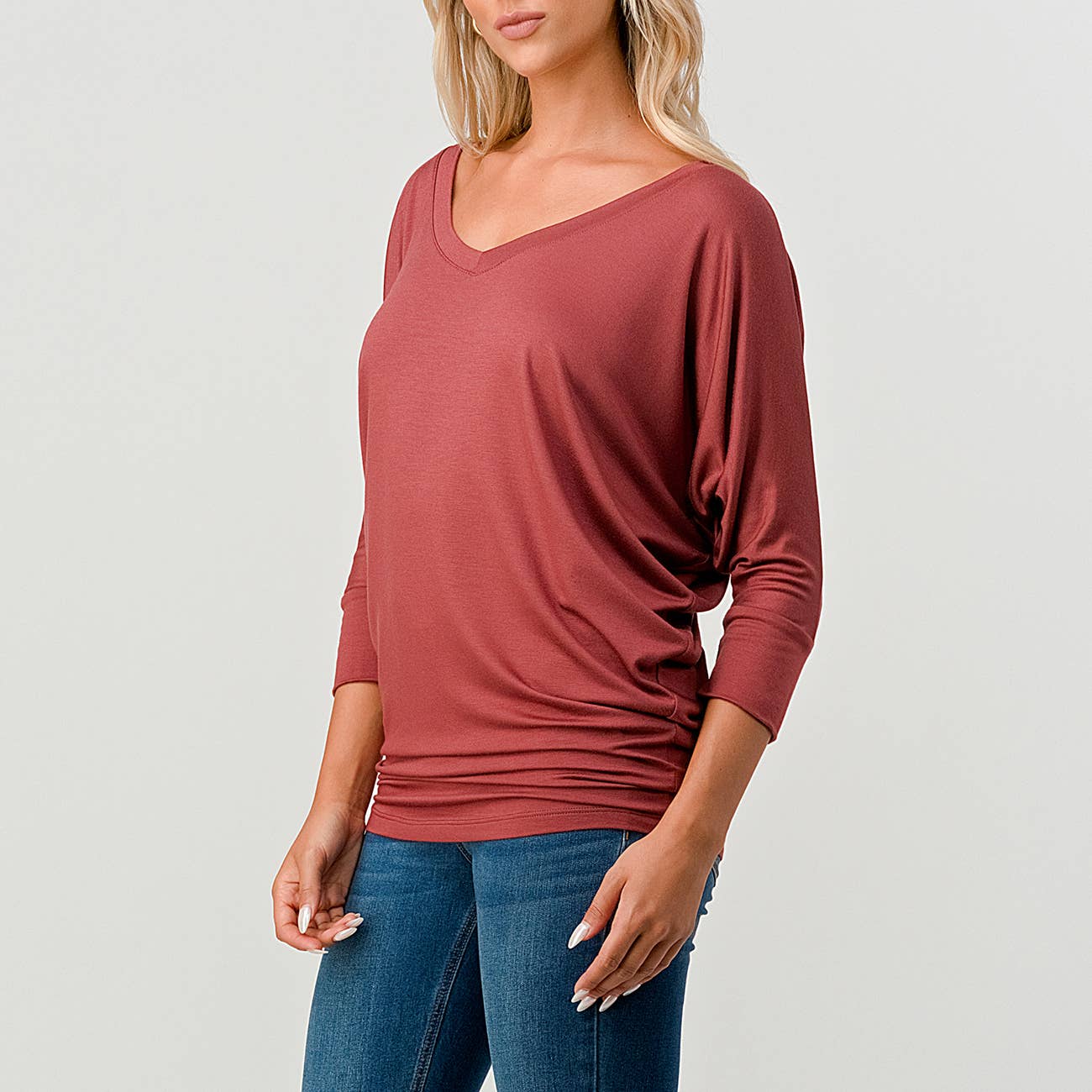 Heimious - Wholesale Knit Top - Women's - 3/4 Dolman Sleeve V-neck Modal Jersey Top, 257355