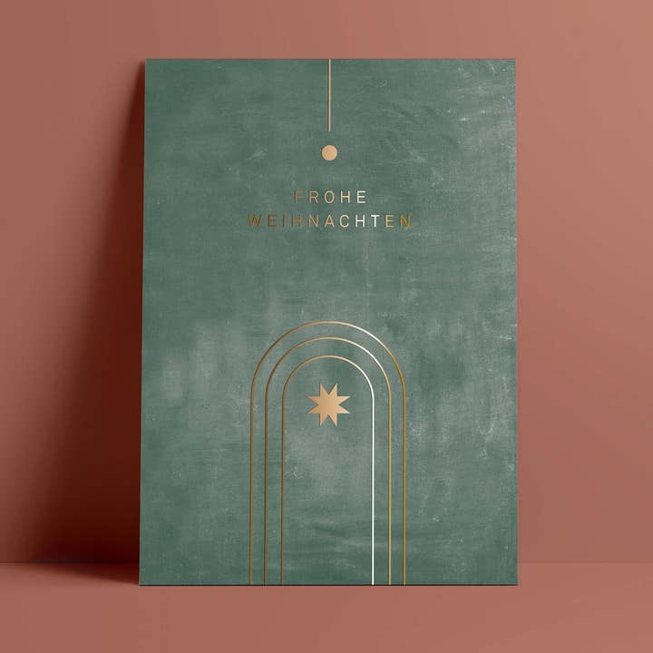 Postkort // »Glædelig jul« Geometriske linjer guld/grøn for engroshandel hos Designfräulein