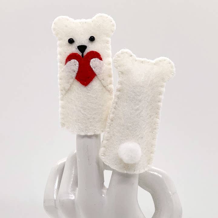 Shy Polar Bear With Heart Felt Finger Puppet for wholesale by Lumpy Buttons