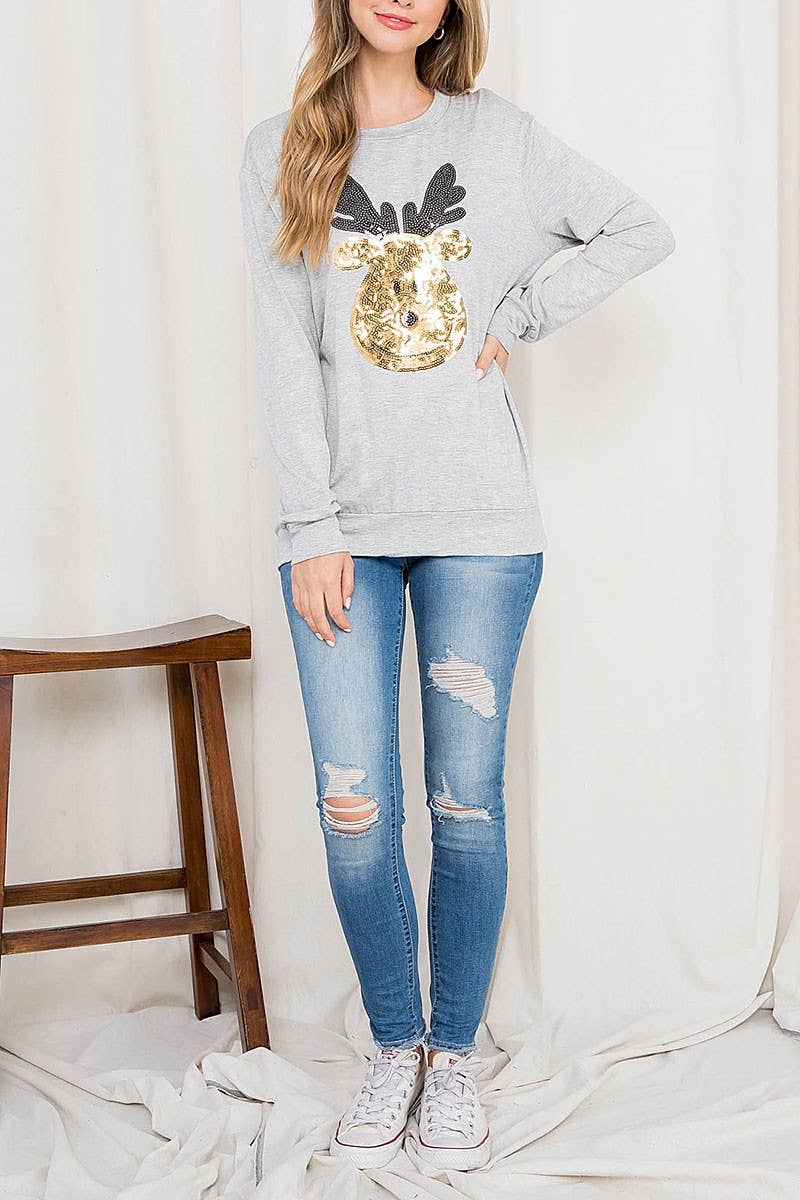 ROUSSEAU - Wholesale Tunic - Women's - SEQUIN MOOSE PRINT LONG SLEEVE TOP7