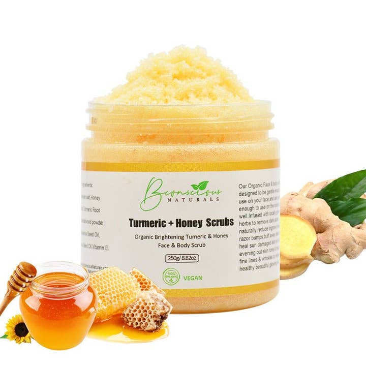 bconsciousnaturals – wholesale Kroppsskrubb/Exfoliant – Inåtväxt hår Exfolierande Himalaya Salt Scrub, 100% ekologisk/naturligt ljusande gurkmeja+honung ansikte och kropp