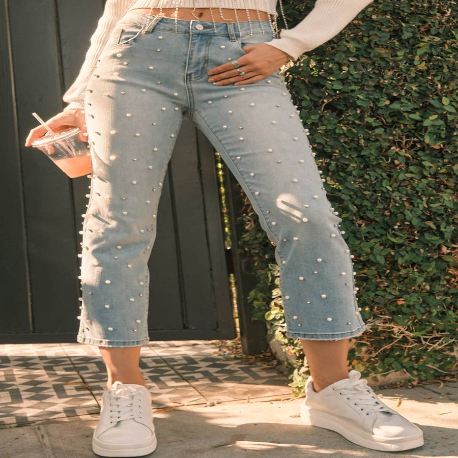 Vibrant Denim Women's Rhinestone Star High Rise Wide Leg Jeans