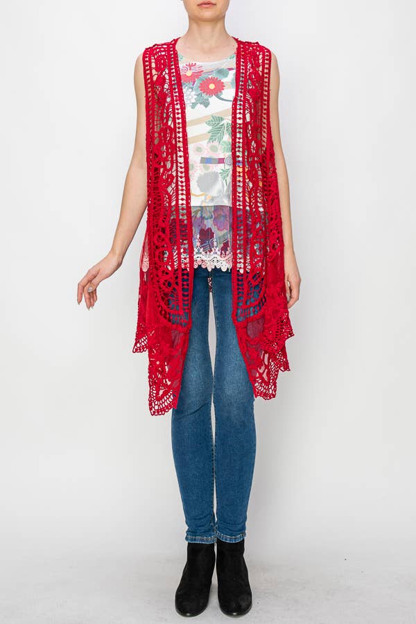 CROCHET VEST WITH LACE LAYER-4421 RED for wholesale on Faire0