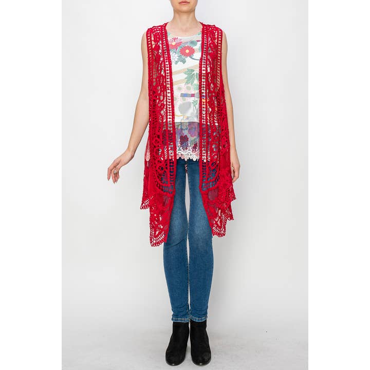 CROCHET VEST WITH LACE LAYER-4421 RED for wholesale by Origami Apparel ~ Lace and Crochet inspired