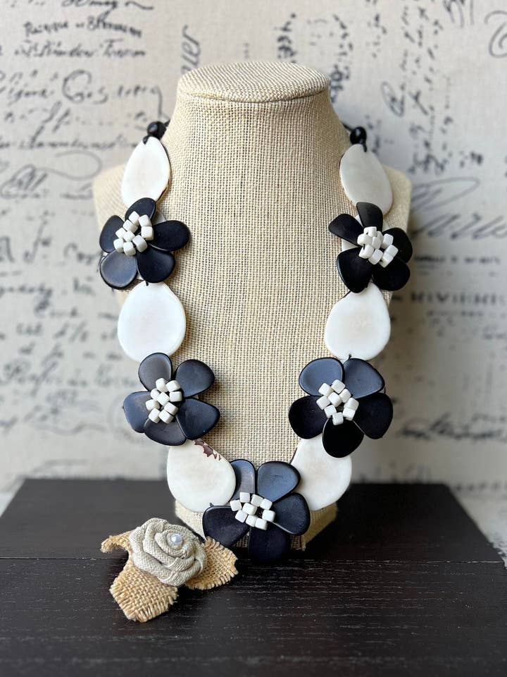 Black and white flower necklaces for women Tagua jewelry Fall fashion Big bold necklace Floral necklace Statement bib Wearable art for wholesale by Galapagos Tagua