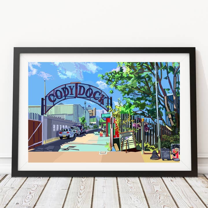 Impression artistique sur l'entrée de Cody Dock, peuplier, est de Londres pour la vente par Tomartacus