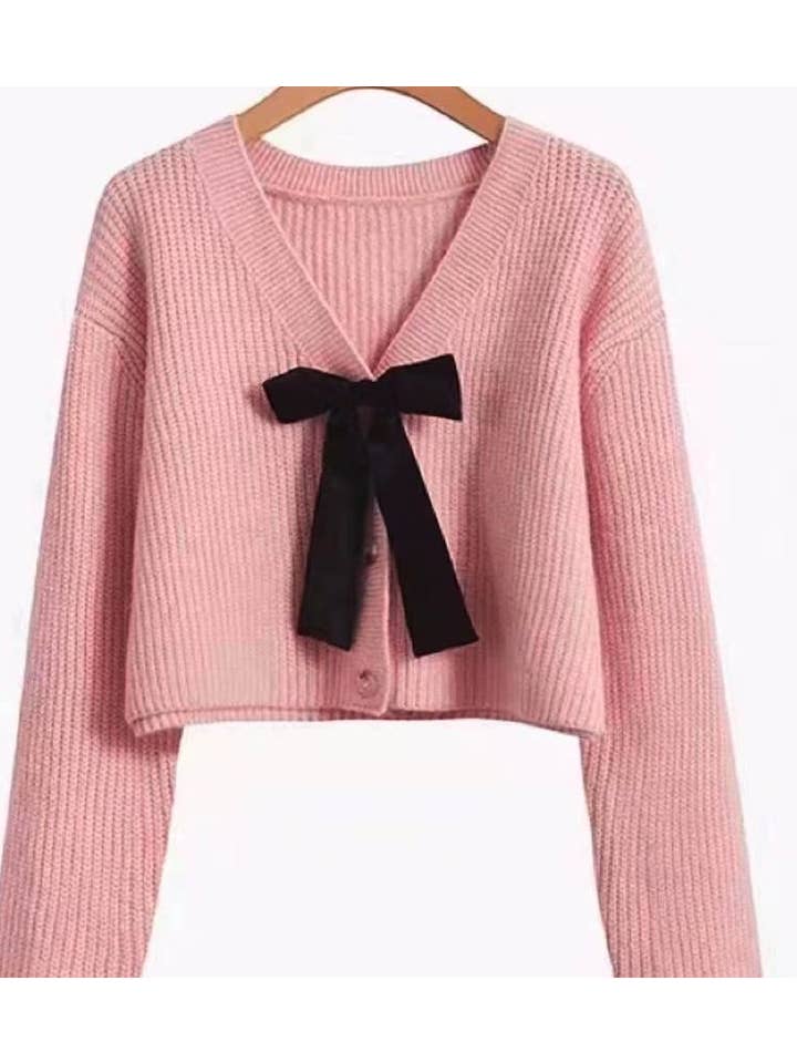 Miss Sparkling - Wholesale Cardigan - Women's - Bow Tie V-Neck Cropped Cardigan