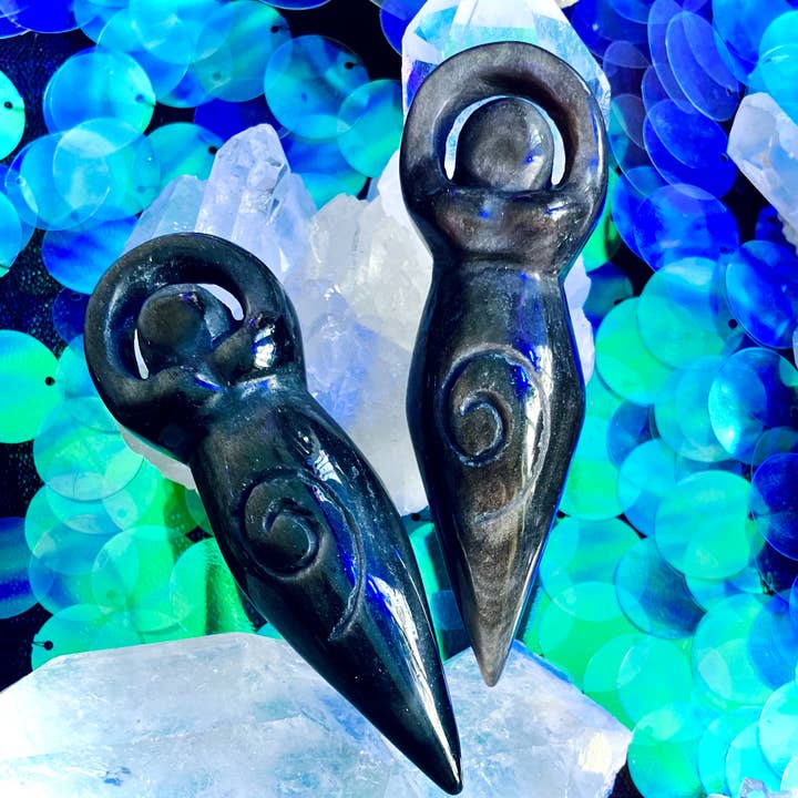 Desarwen - Wholesale Spiritual Stone/Crystal - Gaia mother goddess altar statue in silver obsidian0