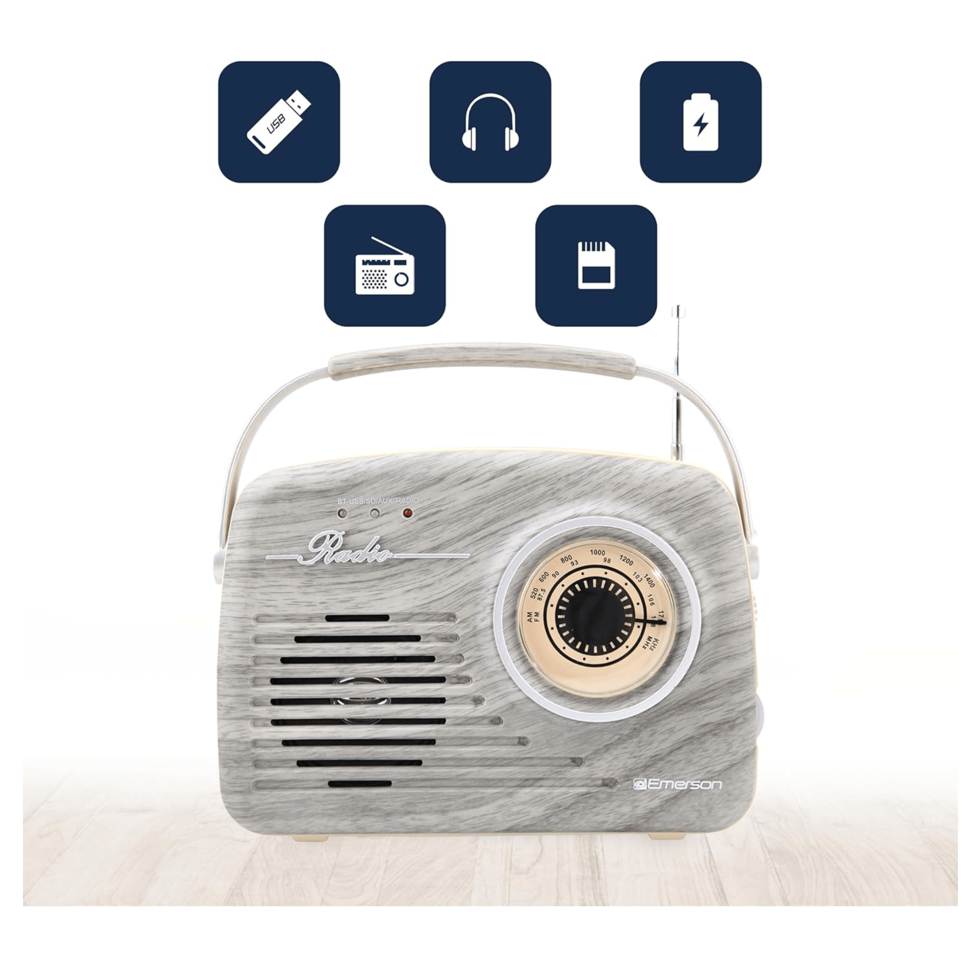 JupiterGear Home - Vente Haut-parleurs - Radio portable rétro Emerson avec batterie rechargeable10