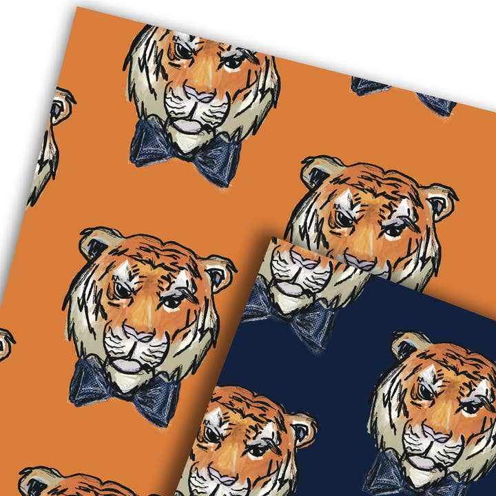 Hey Y'all Party – wholesale Flat wrap – Tiger Wearing a Bow Tie Reversible Gift Wrap Sheets