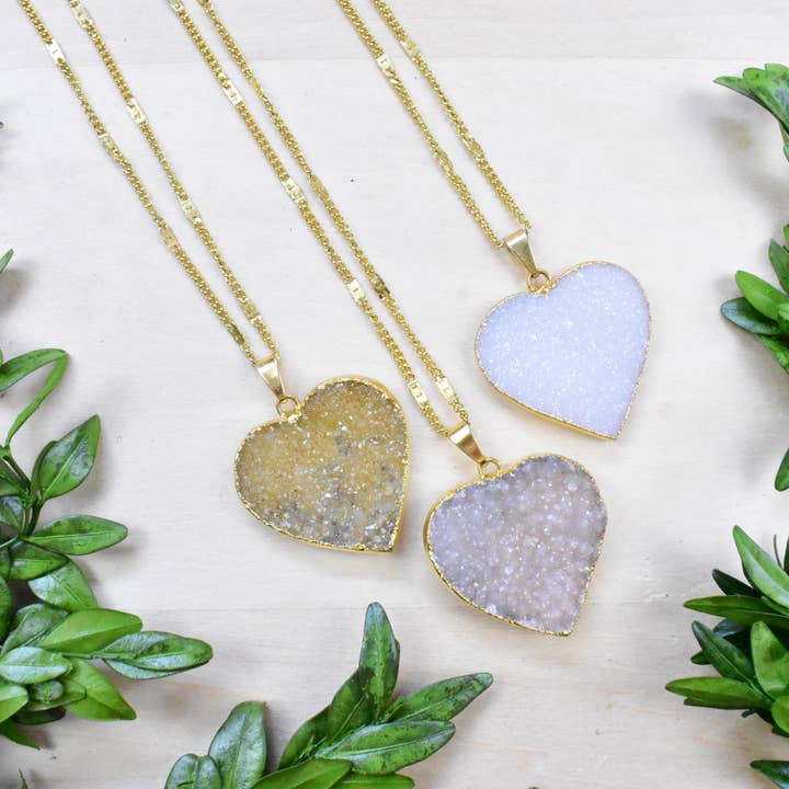 Gold Druzy Heart Pendant Necklace for wholesale by Ewelina Pas Jewelry