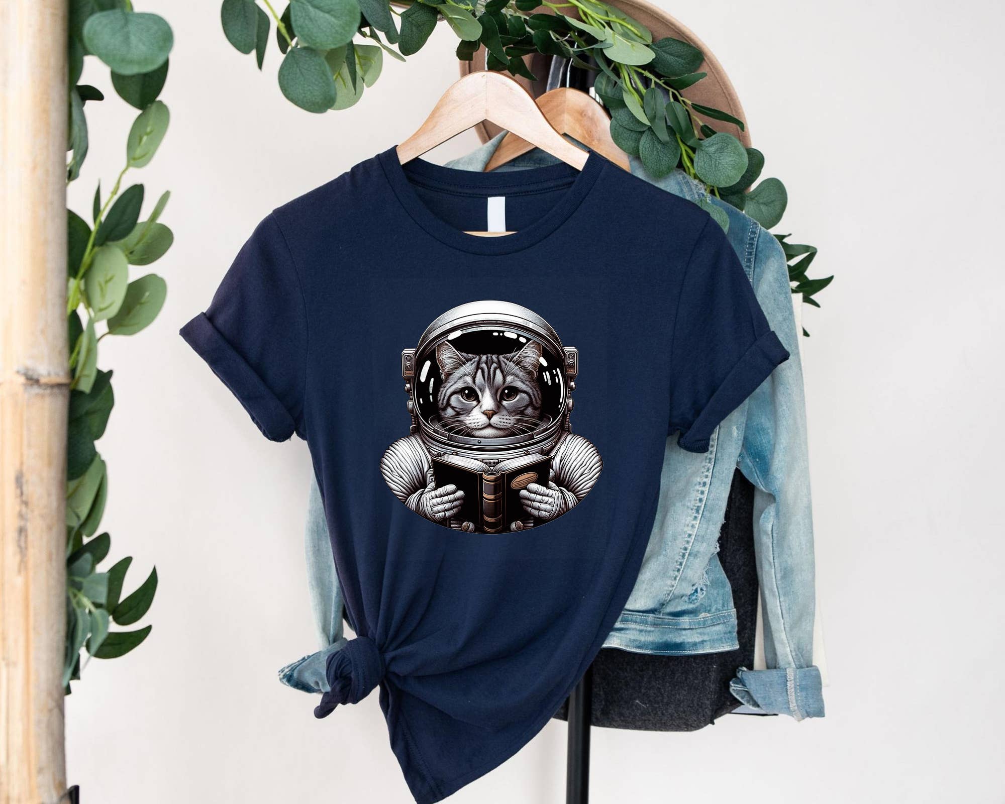 Vivtrek - Wholesale Screen Printed T-Shirt - Women's - Cute Cat Bookworm Astronaut Reading Book Reader T-Shirt2