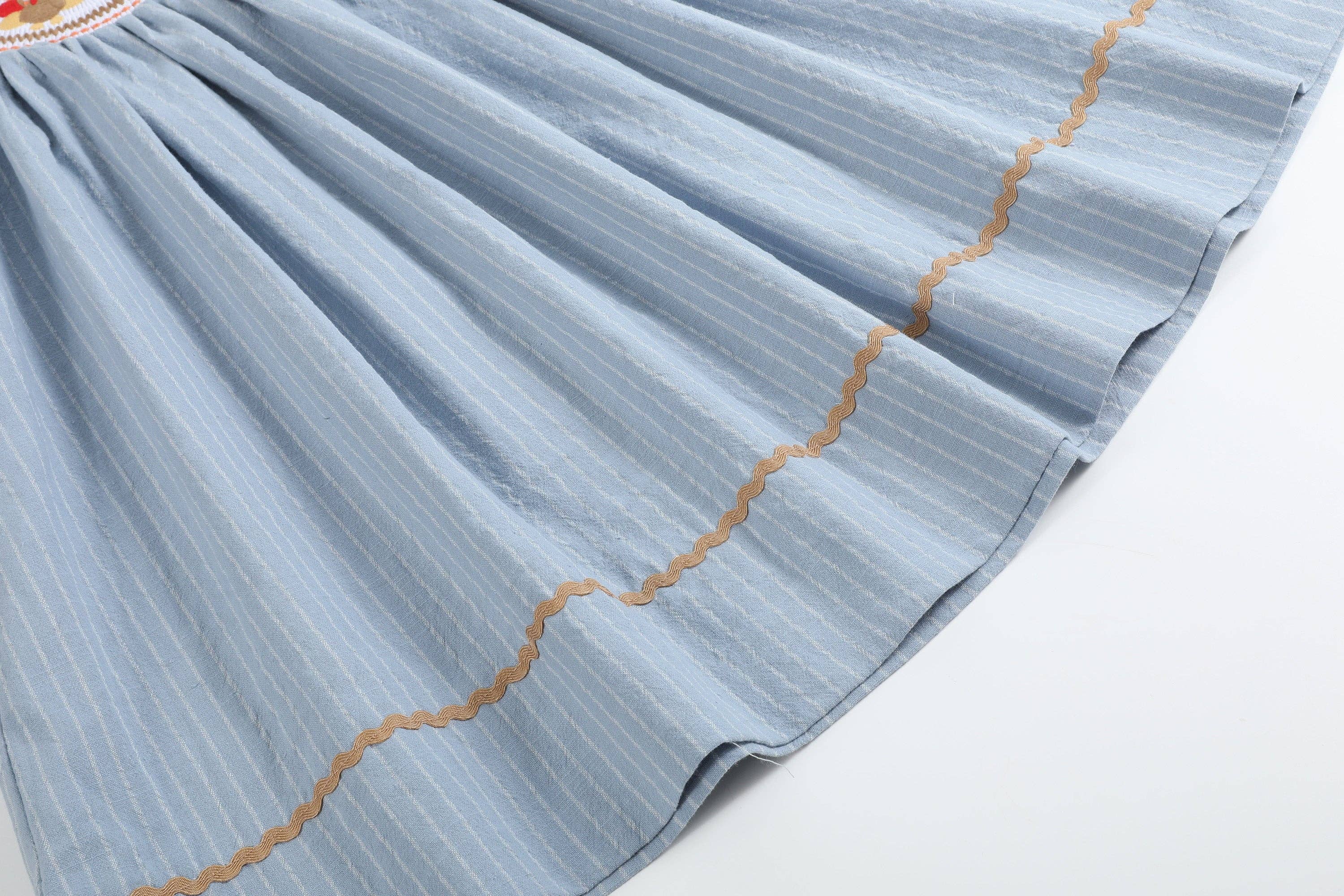 Lil Cactus - Wholesale Dress - Kids - Light Blue Pinstripe Turkey Smocked Bishop Dress4