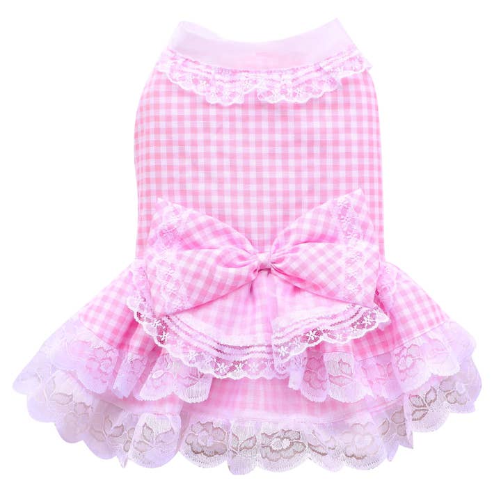 Robe de fête pour chien à volants rose vichy pour la vente par DoggyDolly Australia/NZ