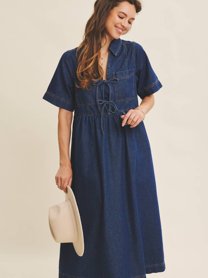 HIGH DEMAND EARTH KIND DENIM WASHED BABYDOLL MIDI DRESS for wholesale by in february