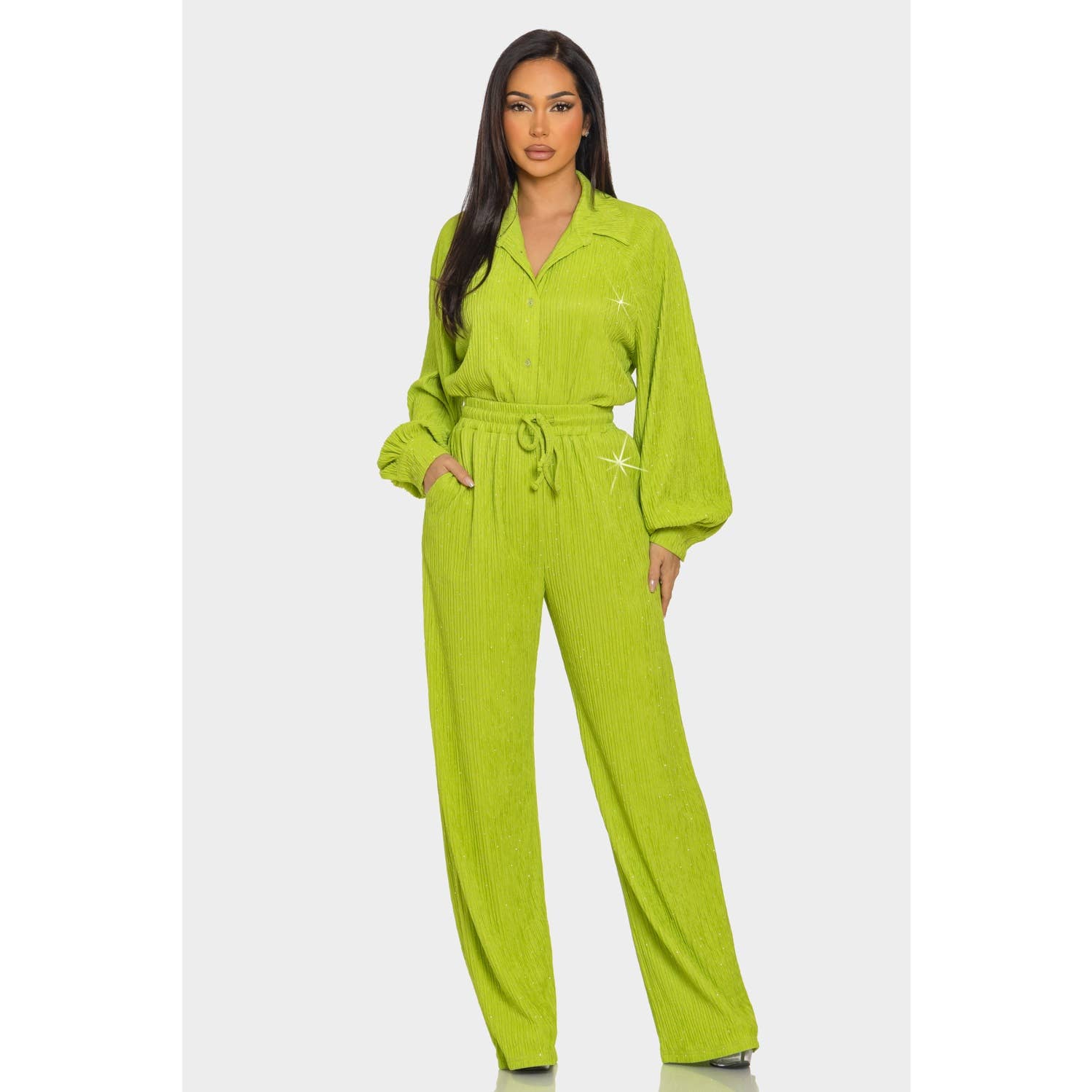 Style Up – Conjunto de top e calça (roupa NÃO Casual) - Mulher por atacado – Conjunto de Camisa e Calças com Botões de Strass Enrugados0