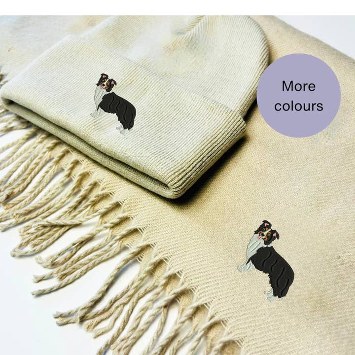 Border Collie embroidered hat and scarf winter set for wholesale by Thread and Needles Co