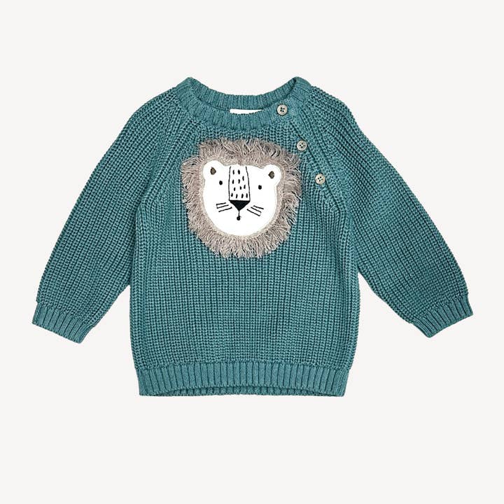 Lion Applique Baby Pullover Sweater Knit (Organic Cotton) for wholesale by Viverano Organics