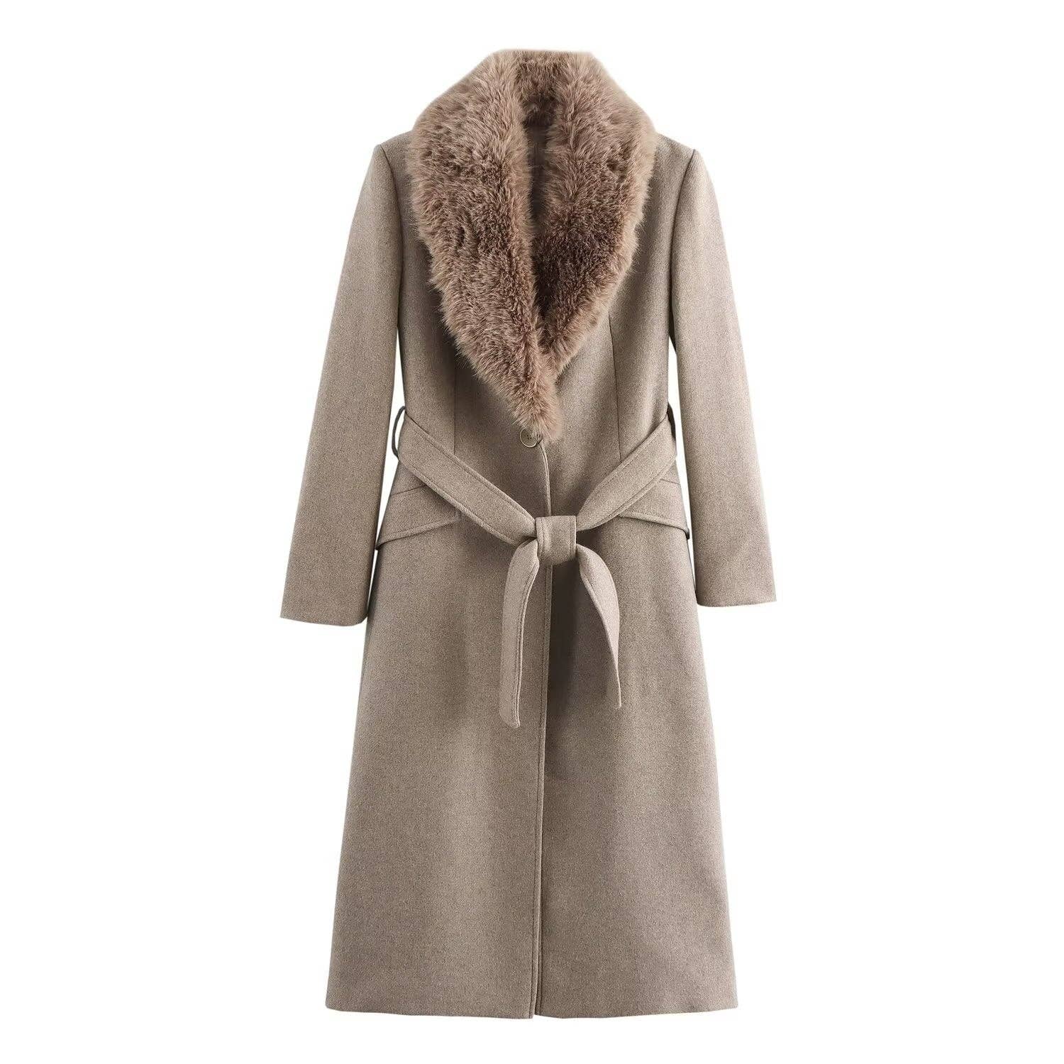 Marayn – wholesale Fur/faux fur coat – Women's – Chic Faux Fur Collar Belted Wool Coat 2025 Spring2