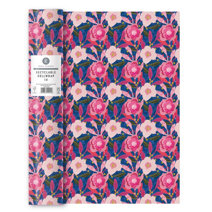 Carta da regalo rotolo 3m avvolgi regalo fiori rosa blu per la vendita all'ingrosso da parte di Penny Kennedy Ltd