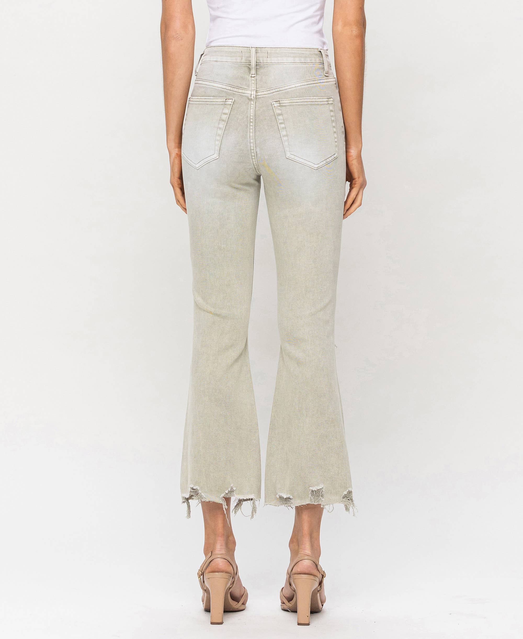 MOSS GREEN HIGH RISE DISTRESSED CROP FLARE JEANS T5773MG for wholesale on Faire4