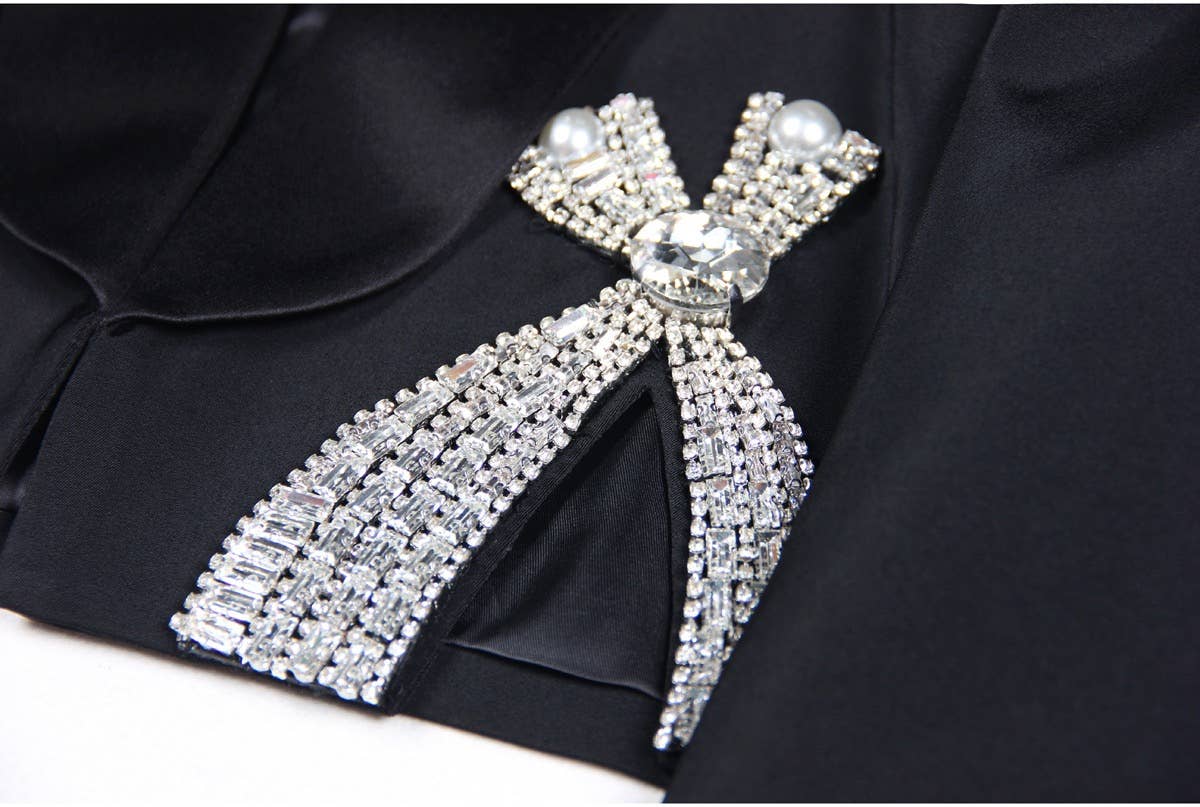 Negro SET073 Elegante conjunto de traje y falda con lazo con diamantes de imitación de venta al por mayor en Faire5