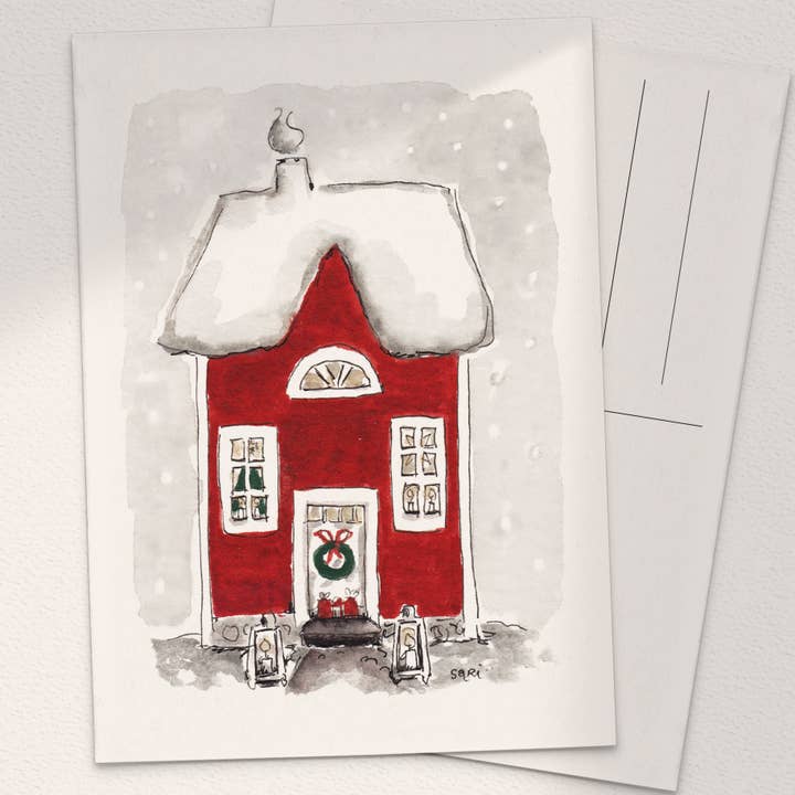 Cartão de Boas Festas de Aguarela Red House por atacado de Sari's ArtWork