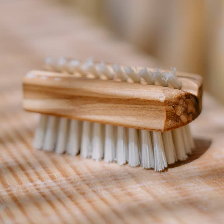 Small nail brush made of olive wood spa soap for wholesale by Croll & Denecke