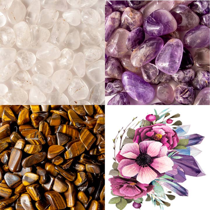 Tree of Life Gems - Wholesale Spiritual Stone/Crystal - Tumbled Gemstone Collection: Amethyst, Clear Quartz, & Gold Tiger's Eye1