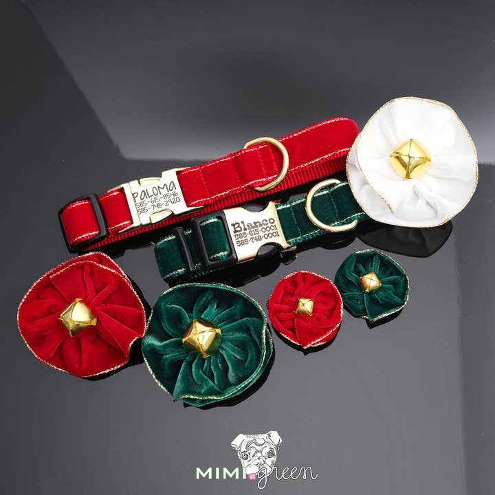 Mimi Green - Wholesale Pet collar – Dog - Holiday Gold Edged Velvet Dog Collar Flower w/ Jingle Bell1