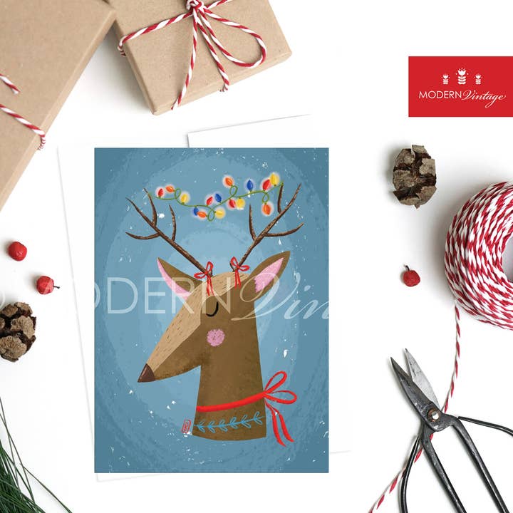 Biglietti di Auguri Natalizi con Renne Pittoriche - Set di 6 per la vendita all'ingrosso da parte di Modern Vintage Design Studio
