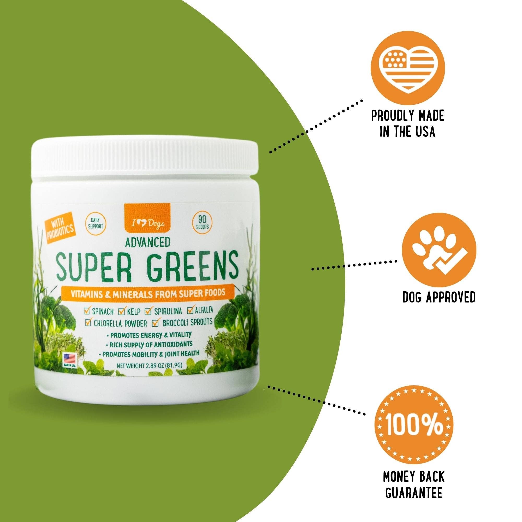 iHeartDogs.com - Vente Compléments alimentaires – chien - Super Greens : complément vitaminé, minéral et probiotique pour chiens avec spiruline, varech, thé vert, épinards, chlorelle et pousses de brocoli - 90 doses - iHeartDogs.com9
