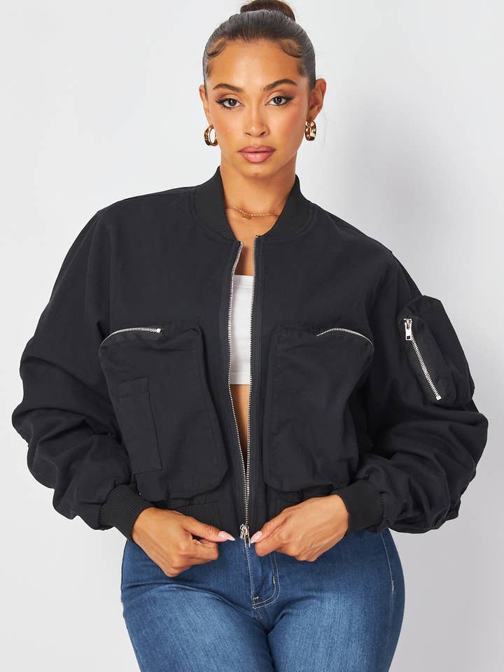 Hot & Delicious - Wholesale Bomber Jacket - Women's - Irene Cargo Pocket Cropped Bomber Jacket (HGJ10318)