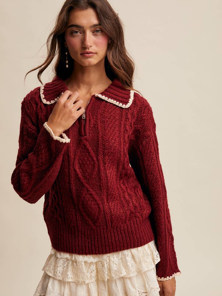 Scallop Trim Cable Knit Half-Zip Sweater LSW1012 for wholesale by Listicle