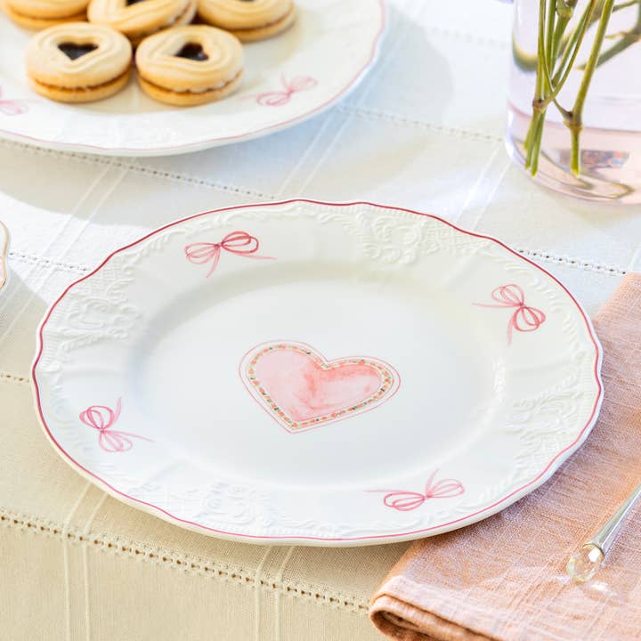 8.5" Pink Ribbon Heart Scallop Dessert Salad Plate for wholesale by Grace Teaware