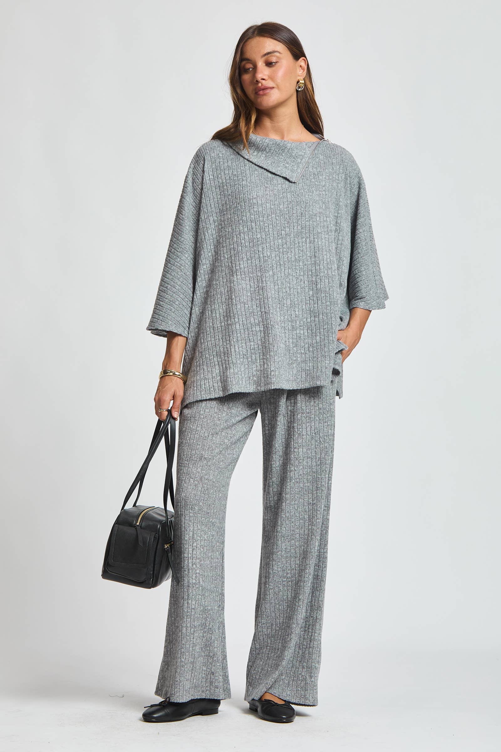 Dear Scarlett - Wholesale Lounge Set - Women's - Brushed Ribbed 2-Piece Poncho & Pant Set0