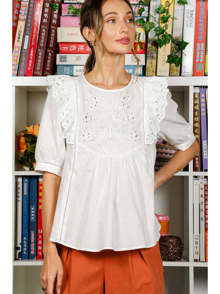 Off White Floral Embroidery Ruffle Detail 100%Cotton Blouse VT31025- for wholesale on Faire6