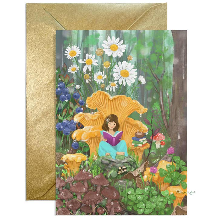 A6 Skogens Gull Card + gold envelope for wholesale by Memio Illustrated Designs