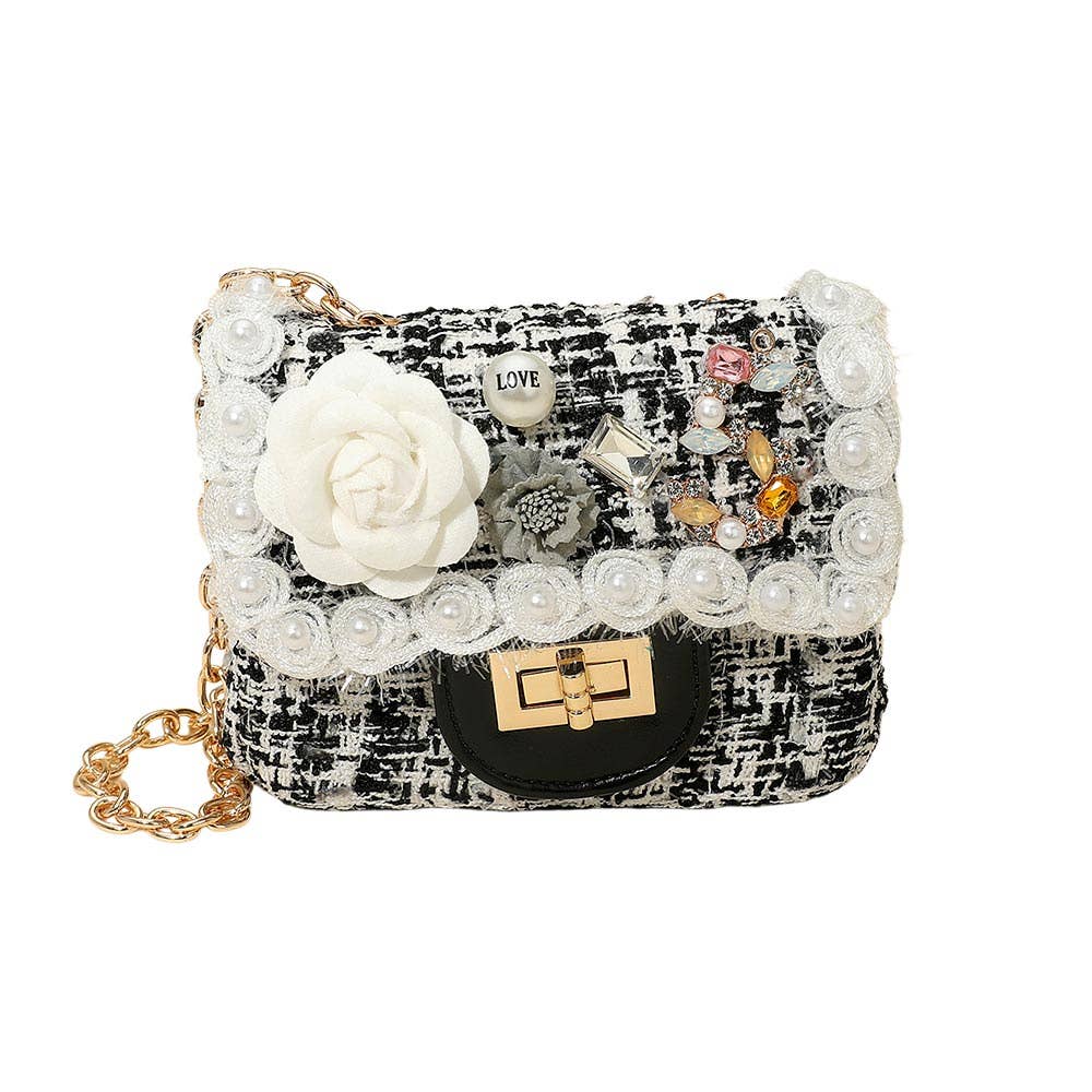 Sensibling Corp. - Wholesale Crossbody Bag - Women's - Floral Pearl Stone Cluster Embellished Tweed Mini Handbag / Crossbody Bag5